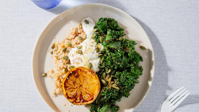 Grilled greens with garlic yoghurt dressing. Photo: Nikki To / TWAM