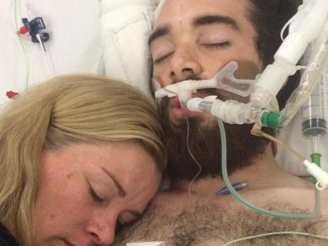 Jaiden Walker.  Victim of one-punch attack. Mum Heidi holds Jaiden in ICU Pictures Supplied by family.
