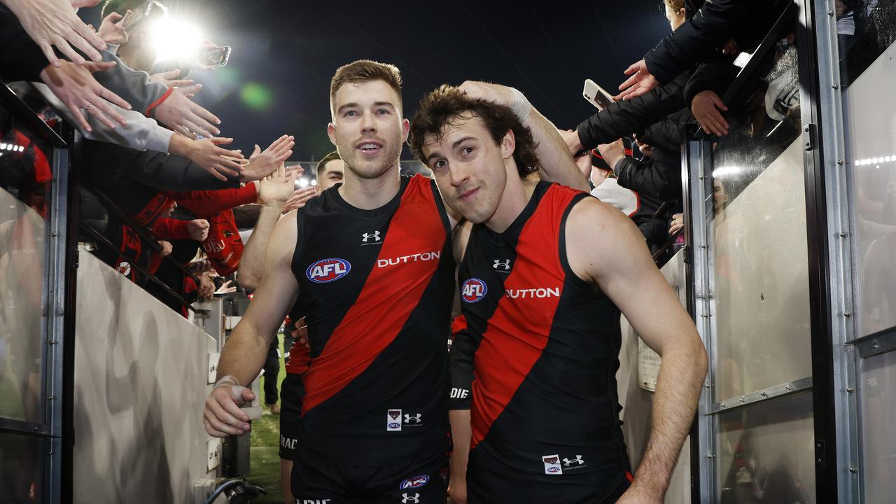 Zach Merrett (left) led the way for the Bombers. Photo: Michael Klein