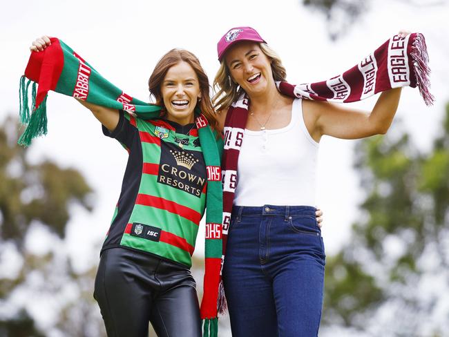 WEEKEND TELEGRAPH - 8.2.24MUST CHECK WITH PIC EDITOR BEFORE PUBLISHING - NRL fans Meg Stores (left wearing Souths gear) and Yasmine Cain (right wearing Sea Eagles gear) pictured at Miranda today.  Picture: Sam Ruttyn