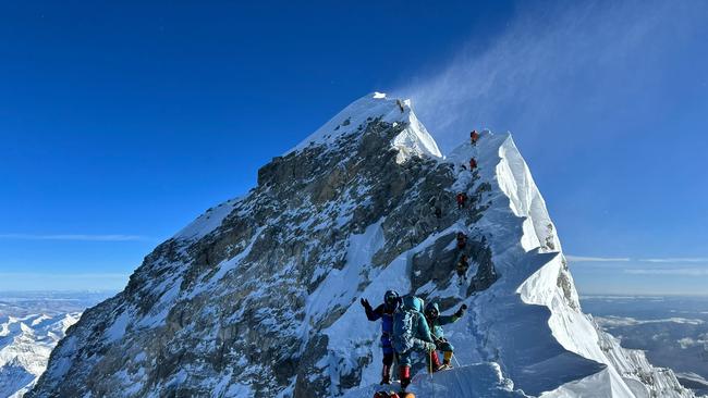 Whyalla mountain climber Terry Ledgard shrugs his shoulders on the traverse to the Hillary Step. Picture: Josh McDowell.