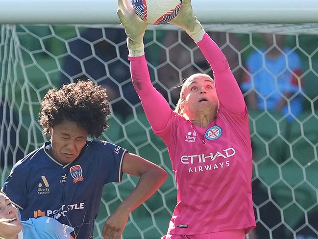 MELBOURNE, AUSTRALIA - APRIL 28: Melbourne City goalkeeper Melissa Barbieri makes a save during the A-League Women Semi Final match between Melbourne City and Newcastle Jets at AAMI Park, on April 28, 2024, in Melbourne, Australia. (Photo by Daniel Pockett/Getty Images)