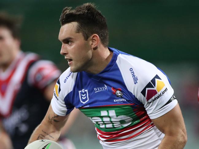 SYDNEY, AUSTRALIA - SEPTEMBER 12: Tex Hoy of the Knights runs the ball during the round 18 NRL match between the Sydney Roosters and the Newcastle Knights at the Sydney Cricket Ground on September 12, 2020 in Sydney, Australia. (Photo by Cameron Spencer/Getty Images)