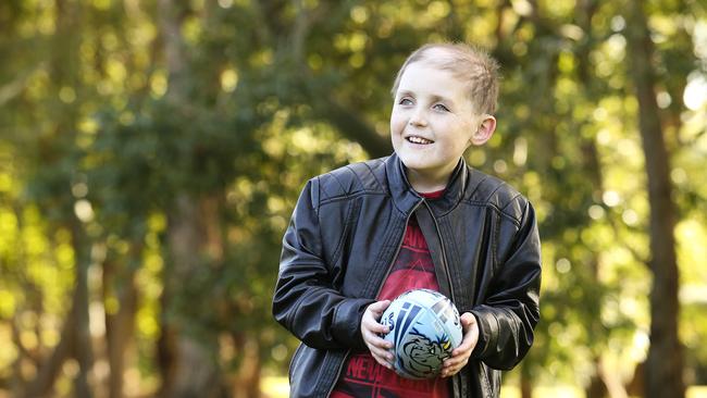 Pride of Australia Child of Courage nominee Mark Smith, 11, from Belrose NSW. Mark was nine when they found a large malignant brain tumour - he had tumours all through his brain and spine. Two years on and he is recovering well - he can go to school, catch the bus, play sport and kick a ball. Pictures: Justin Lloyd