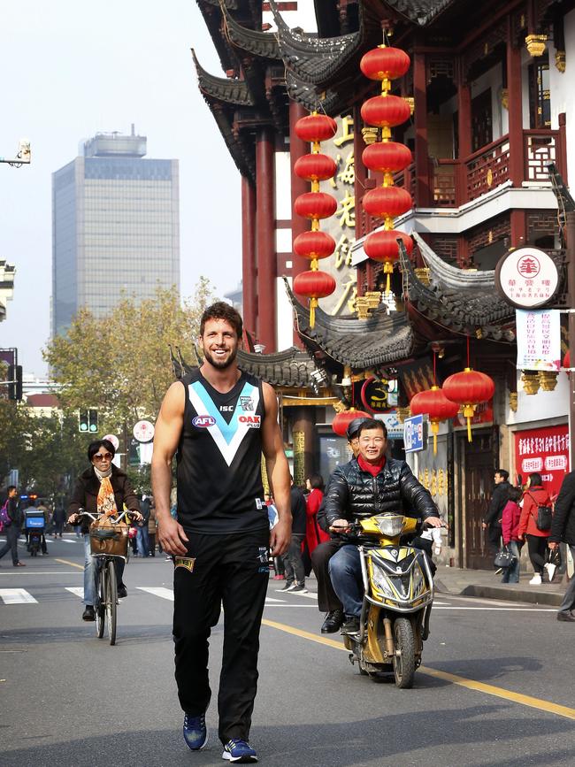 Port Adelaide’s Travis Boak is photographed in Shanghai in 2016. Picture: Sarah Reed