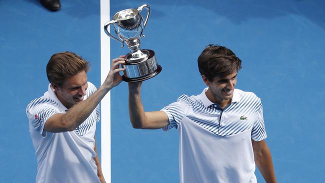 Pierre-Hugues Herbert (right, with Nicolas Mahut) has announced he won’t play at next month’s Australian Open because of the vaccination mandate. Picture: AAP