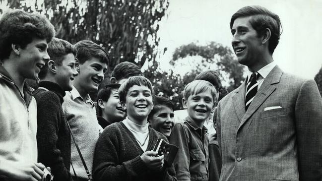 Prince Charles on a 1970 visit to the Victorian school, Timbertop, which he attended as a boy.