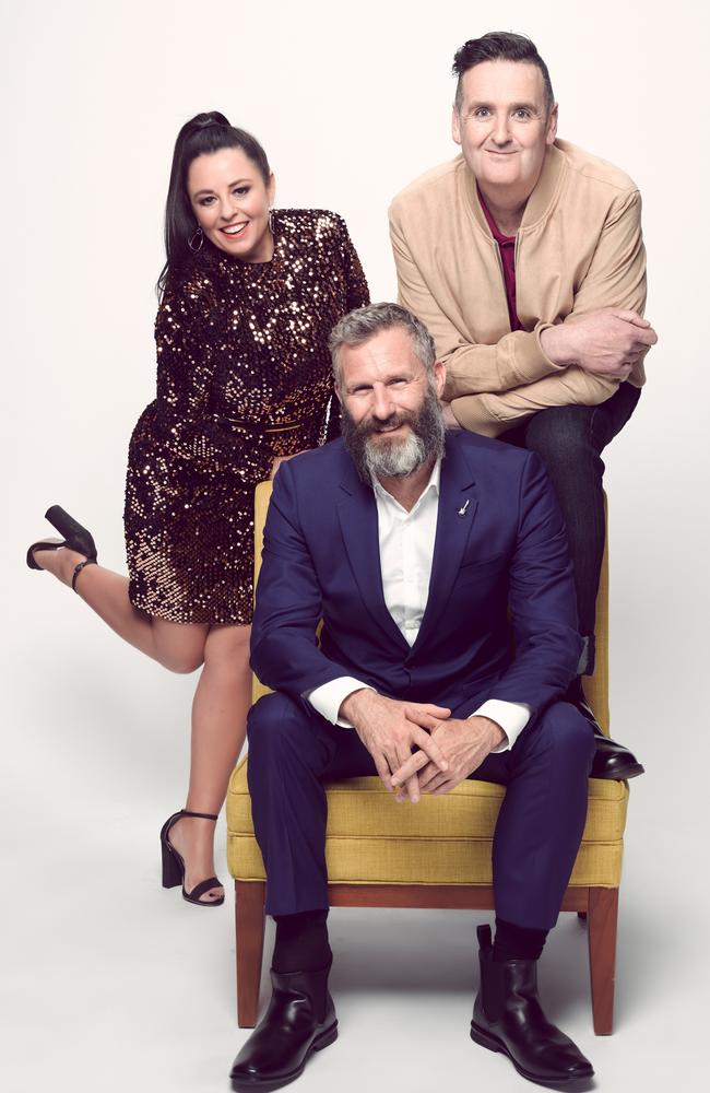 Gang’s all here … Myf Warhurst, Adam Hills and Alan Brough reunite for a Spicks and Specks special Picture: Supplied/ABC