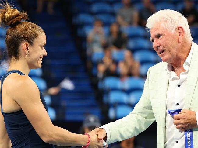 PERTH, AUSTRALIA - JANUARY 04: Maria Sakkari of Greece receives her Perth City Winners medal from Paul McNamee during day seven of the 2023 United Cup at RAC Arena on January 04, 2023 in Perth, Australia. (Photo by Paul Kane/Getty Images)