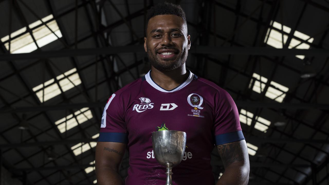 Queensland Reds captain Samu Kerevi poses with the Templeton Cup.