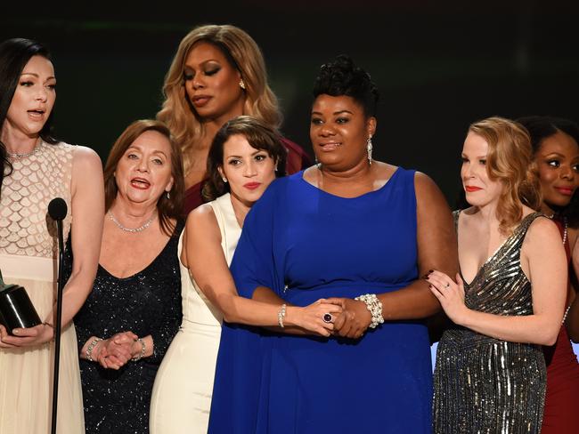 Laura Prepon made a statement when collecting Orange Is The New Black’s cast award at the SAGs. Picture: Getty Images/Kevin Winter