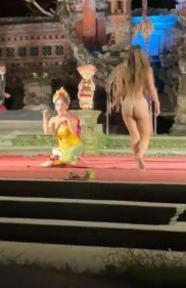 A German woman disrupted a Balinese dance performance at a temple in Ubud while completely naked. Picture: Twitter