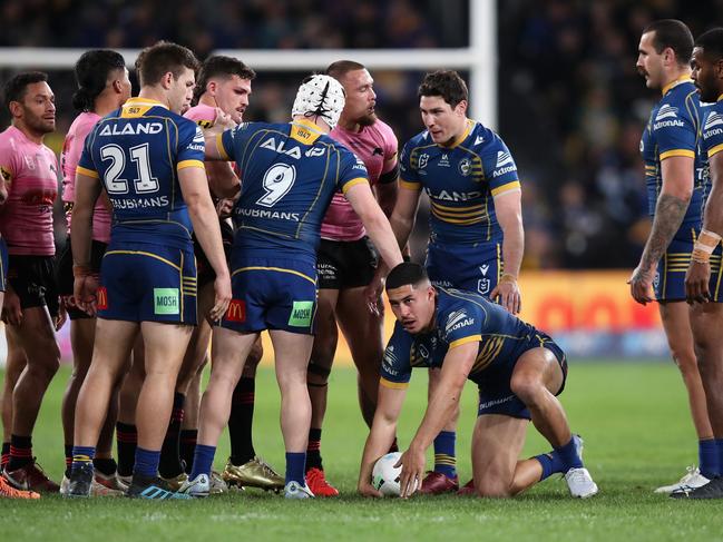 Dylan Brown was in shock after the tackle from Nathan Cleary. Picture: Joshua Davis/Getty Images