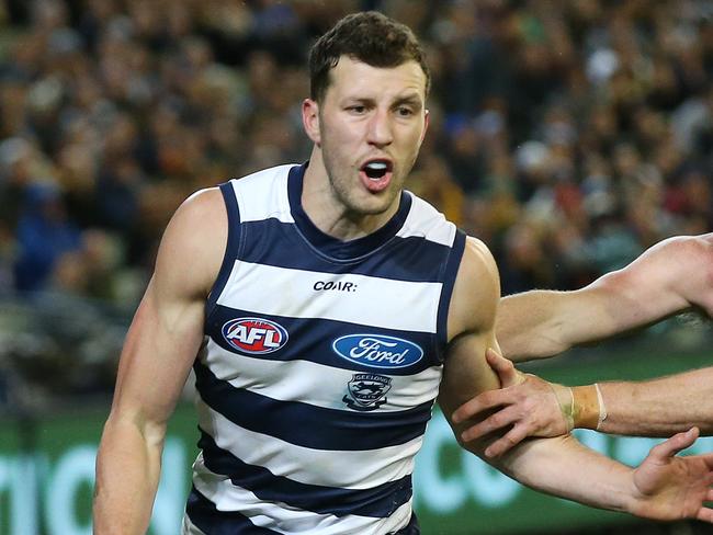 AFL 2nd Qualifying Final. Geelong v Richmond at the MCG . Geelong's Sam Menegola and Richmond's Nick Vlastuin  . Pic: Michael Klein