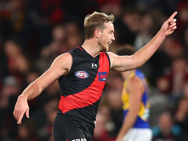 MELBOURNE, AUSTRALIA - AUGUST 05: Darcy Parish of the Bombers celebrates kicking a goal during the round 21 AFL match between Essendon Bombers and West Coast Eagles at Marvel Stadium on August 05, 2023 in Melbourne, Australia. (Photo by Graham Denholm/AFL Photos via Getty Images)