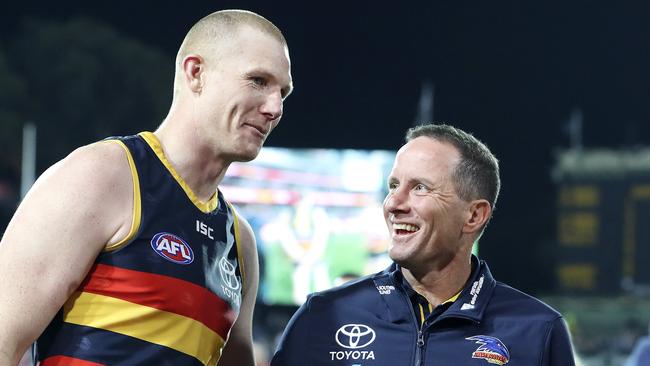 Sam Jacobs with coach Don Pyke after a win last year. Picture: Sarah Reed