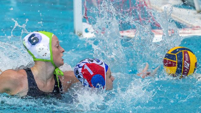 Abby Andrews and Horatia Schlect in the Queensland Premier League Water Polo match between Barracudas and North Brisbane Polo Bears at Fortitude Valley Pool, Sunday, October 25, 2020 - Picture: Richard Walker