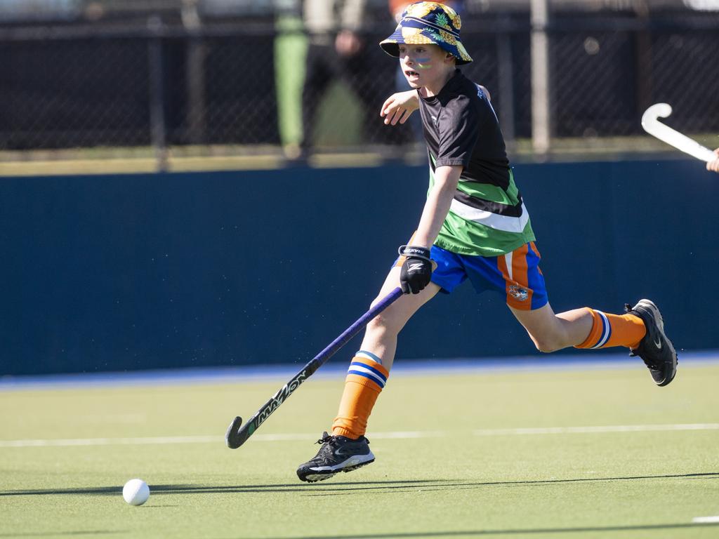 Newtown Norths Tigers player Angus Dwan against Past High in under-11 boys Presidents Cup hockey at Clyde Park, Saturday, May 27, 2023. Picture: Kevin Farmer