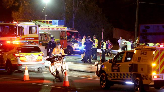 Emergency services attend the scene of the horror Moorooka crash. Picture: AAP/Steve Pohlner