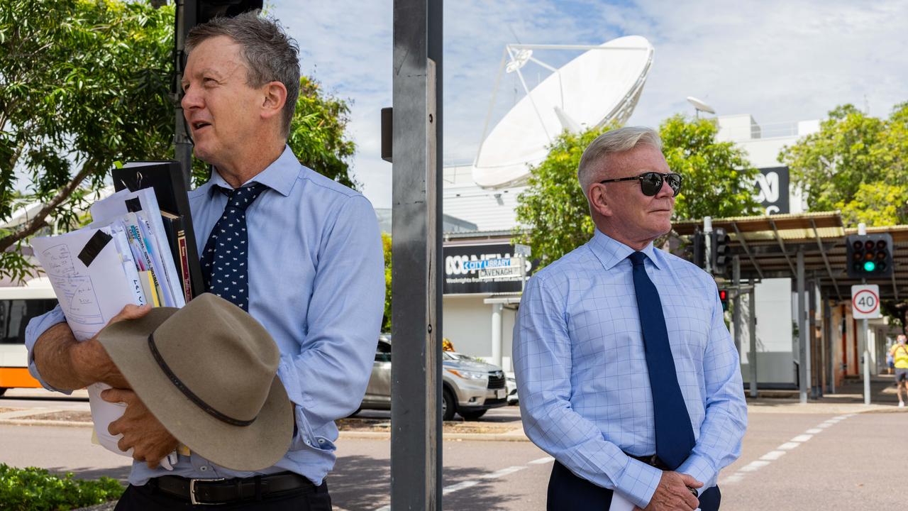 NT barrister Jon Tippett with his lawyer Peter Maley, leaving Darwin Local Court after the 71-year-old pleaded guilty to careless and mid-range drink driving after bumping into the back of a cop car in Darwin's CBD. Picture: Pema Tamang Pakhrin