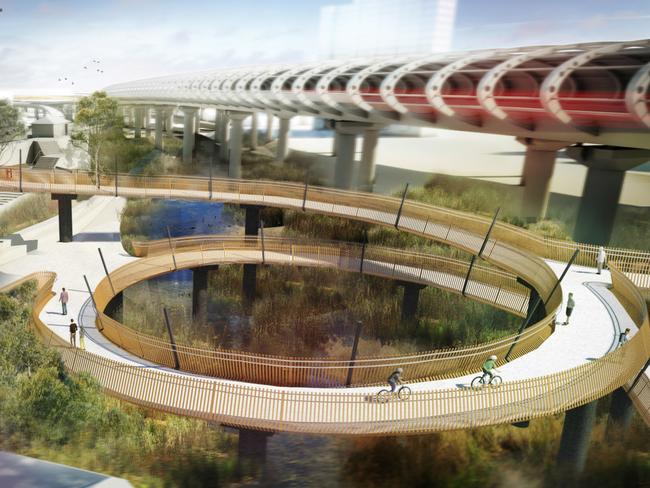 An artist’s impression of the Flemington Bridge station cycle spiral on the East West Link.