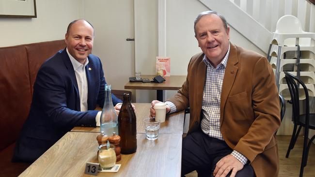 Josh Frydenberg and former Liberal treasurer Peter Costello in Hawthorn. Picture: Nicki Connolly