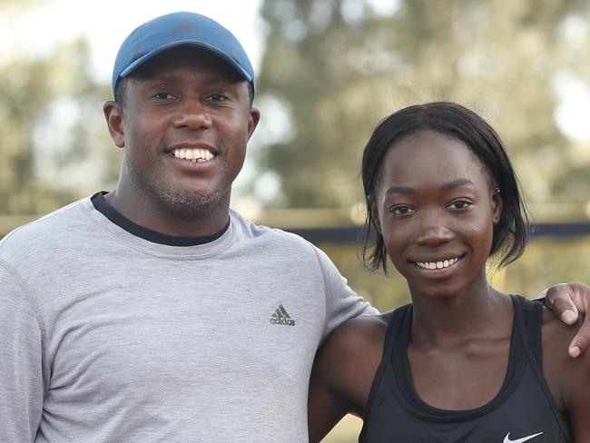 News Local's Junior Sport Star winner 2017, Bendere Oboya, 17 and her track coach Greg Smith pose for photos at Blacktown International Sportspark. Oboya is the second fastest 400 meter runner in Australia and is aiming for the Commonwealth Games in 2018.