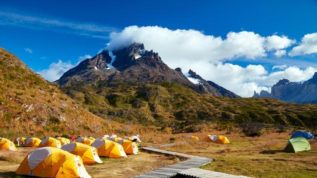 Hikers camp in Torres del Paine National Park, Patagonia, Chile.