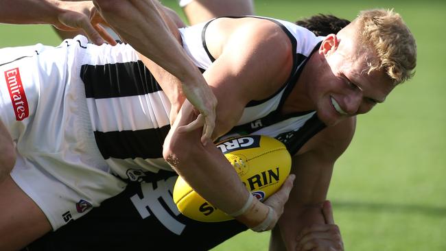 The Phantom was ecstatic to land Adam Treloar at Pick 6. Picture: AAP Image/Sean Garnsworthy.