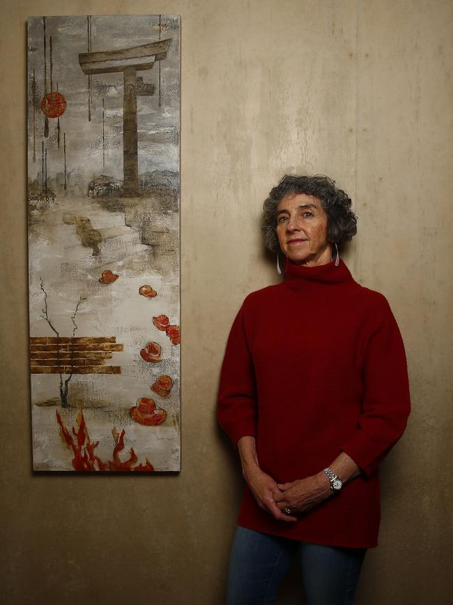 Artist and art patron Michelle Belgiorno- Nettis with examples of her artwork at her Mosman home. Picture: John Appleyard