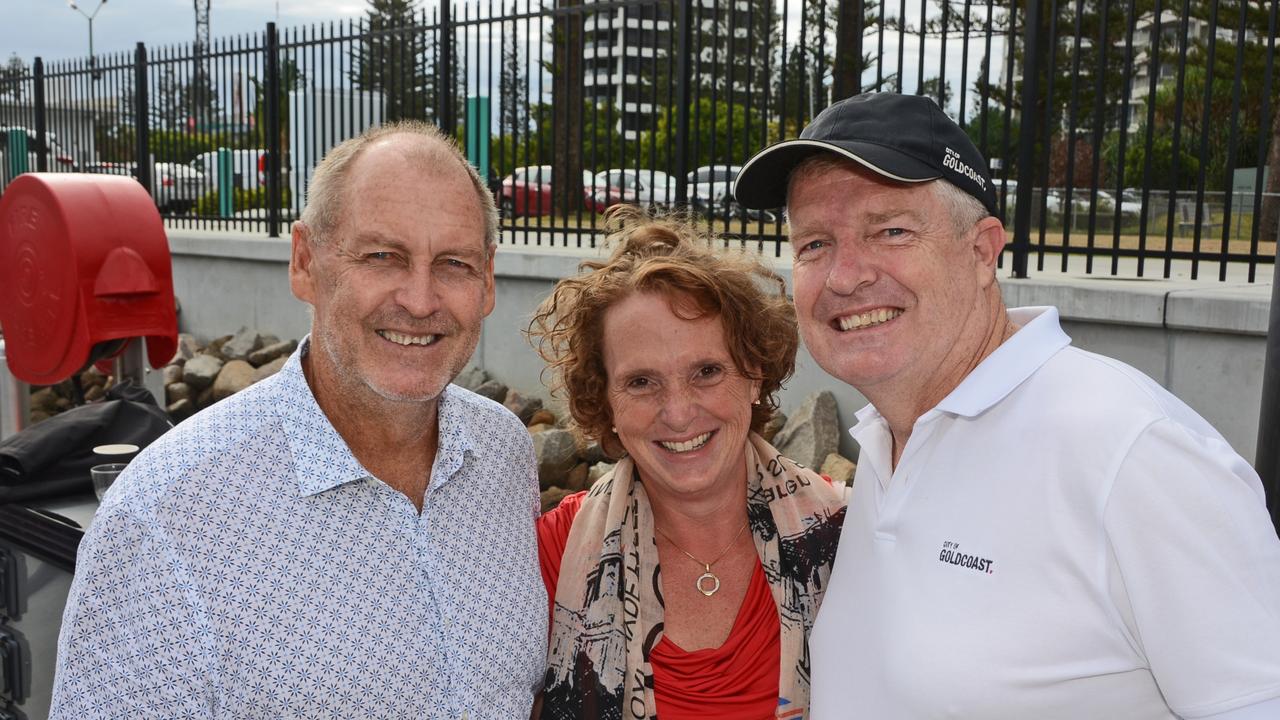 Michael Woodbry, Whitney Luzzo-Kelly and Cr William Owen-Jones at Maritimo 11 farewell party at Southport Yacht Club, Main Beach. Pic: Regina King