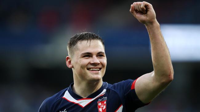 HUDDERSFIELD, ENGLAND - OCTOBER 28: Jack Welsby of England celebrates after the team's victory and winning the series after the Autumn Test Series match between England and Tonga at John Smith's Stadium on October 28, 2023 in Huddersfield, England. (Photo by Jess Hornby/Getty Images)