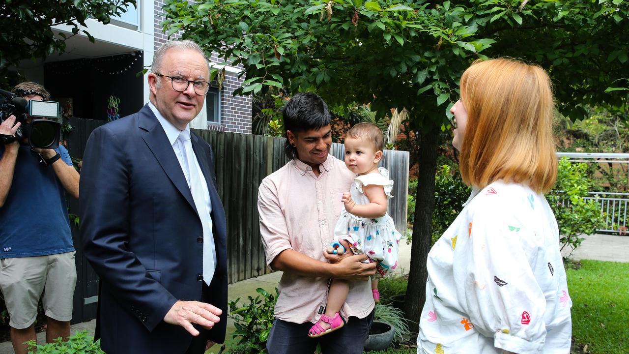 Anthony Albanese with local residents in his Grayndler electorate, James Declase, partner Louisa McSpeddan and baby Romy, the day after the rate cut. Picture: NewsWire/ Gaye Gerard