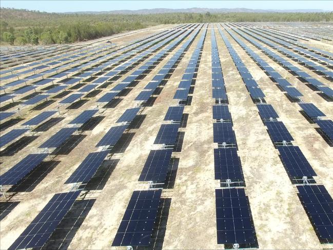 An aerial shot of the first stage 50MW solar project under construction by Genex Power at the former Kidston gold mine northwest of Townsville.