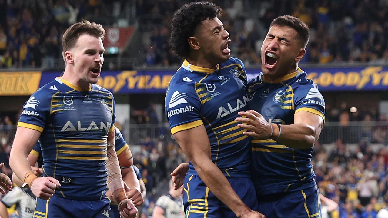 Will Penisini, right, and Waqa Blake celebrate a try against the Storm. Picture: Cameron Spencer/Getty Images