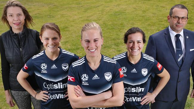 Maribyrnong councillor Sarah Carter with Melbourne Victory’s Kristen McNabb, Natasha Dowie, Christina Gibbons and club chairman Anthony Di Pietro. Picture: David Crosling