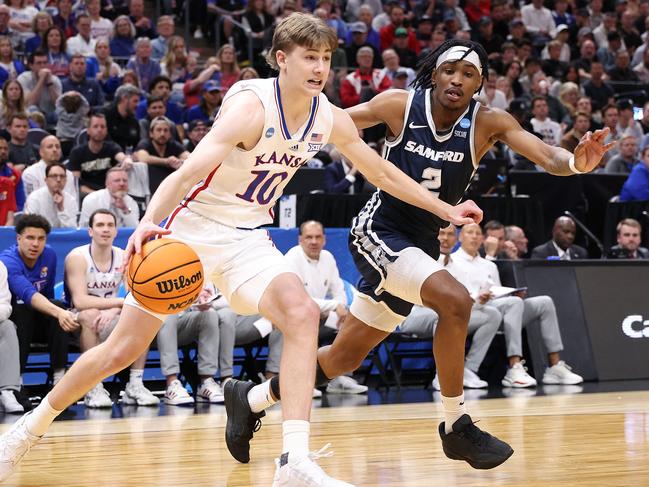 Johnny Furphy of the Kansas Jayhawks is defended by Jaden Campbell of the Samford Bulldogs in Salt Lake City, Utah. Picture: Getty Images