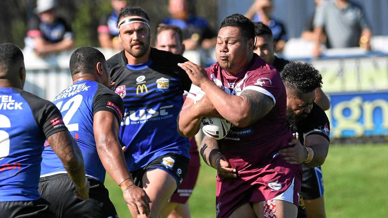 UP AND RUNNING: Fassifern player Sione Pintau takes on the Goodna defence in last weekend's first round of Rugby League Ipswich matches. Picture: Rob Williams