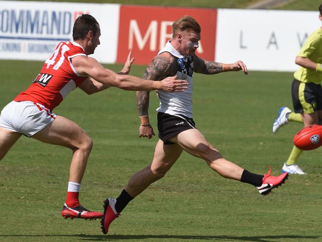 NEAFL practice game between Southport Sharks and Redland at Fankhauser Reserve. Shark's player Mitch Johnson in action. (Photo Steve Holland)