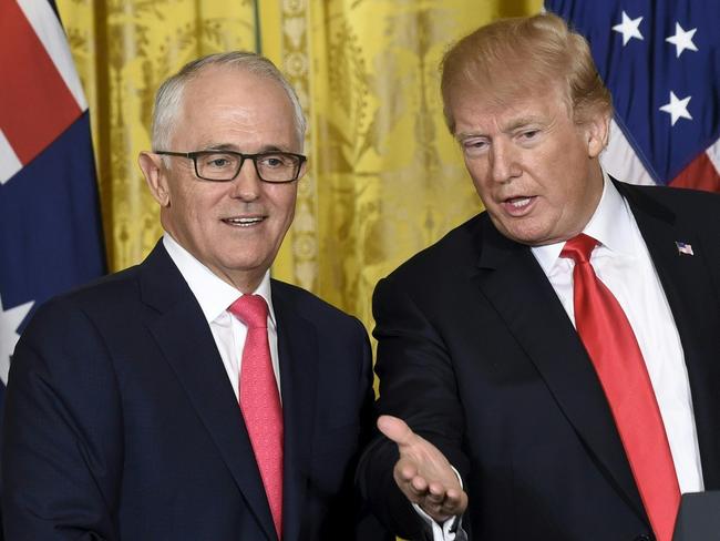 US President Donald Trump and Australian Prime Minister Malcolm Turnbull in the White House’s East Room. Picture: AFP/Saul Loeb