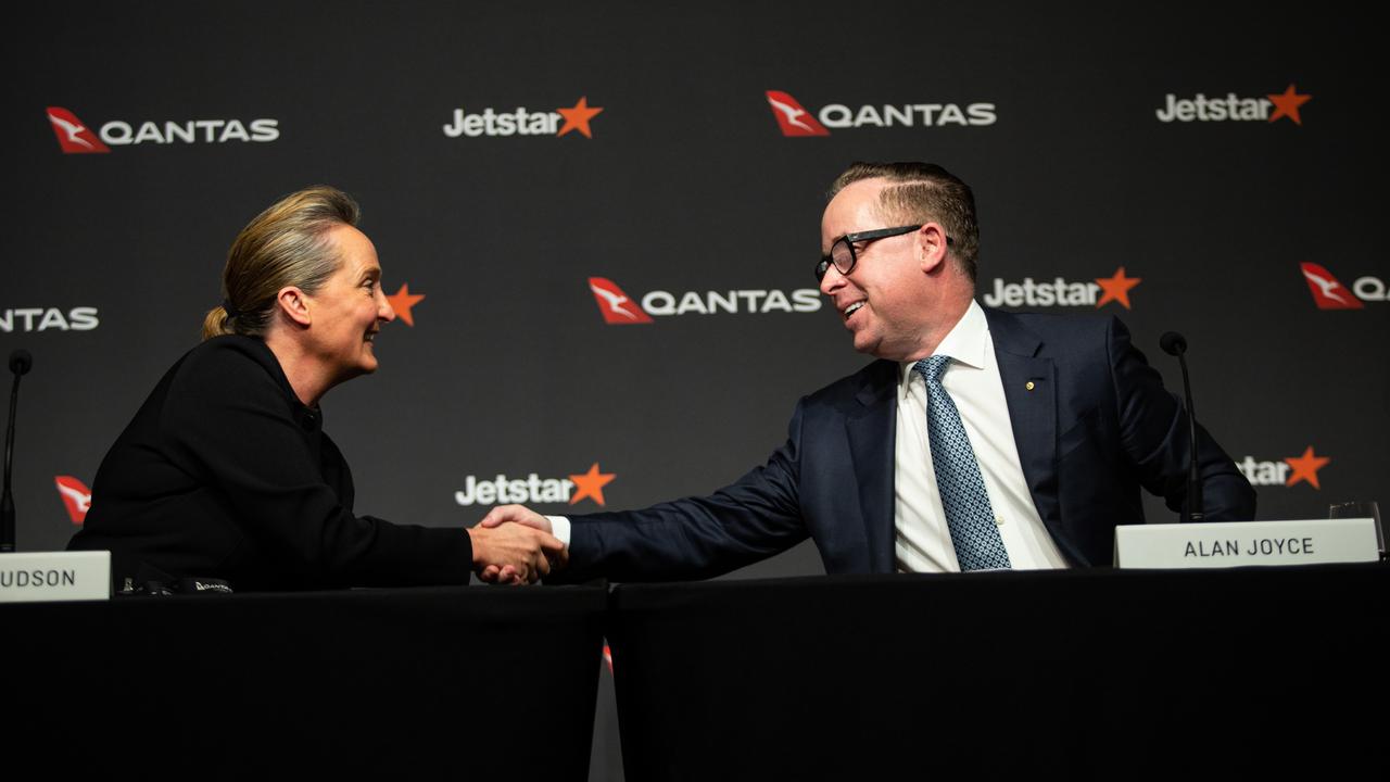 Ms Hudson and Mr Joyce discussing Qantas’ FY23 full-year results on August 24. Picture: NCA NewsWire / Christian Gilles