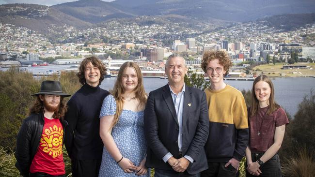 Committee for Greater Hobart student participant Oscar Wadsley and Konan Masuda, far left, with CEO Danny Sutton, centre. Also pictured (L-R): Jaxi Peach, Sam Eccleston and Aisha Bissett. Picture: Chris Kidd
