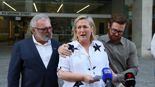 Bernie, the mother of Lachlan Griffiths, speaks to the media at the Brisbane Supreme Court after Billy Lee Bornstein and David Lee Tan were sentenced for the manslaughter of her son. Picture: NewsWire/Tertius Pickard