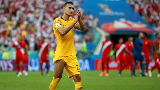 Socceroo defender Trent Sainsbury applauds supporters after their 2-0 loss to Peru match in the WorldCup. Picture: Toby Zerna