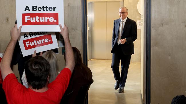 Anthony Albanese was even more pleased to see supporters waiting for him as he walked in to deliver his media conference. Picture: Toby Zerna