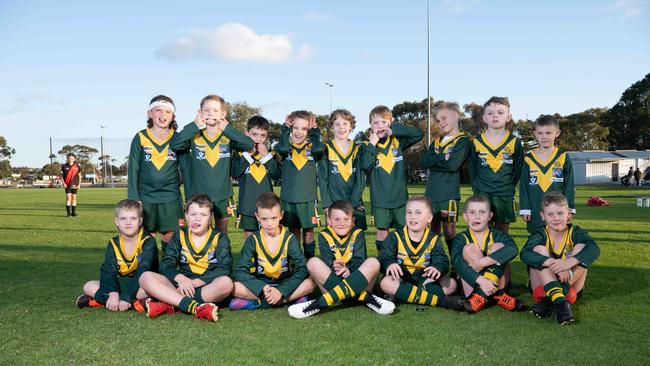 Leopold Graham under-9 football team pull their funniest faces. Picture: Brad Fleet