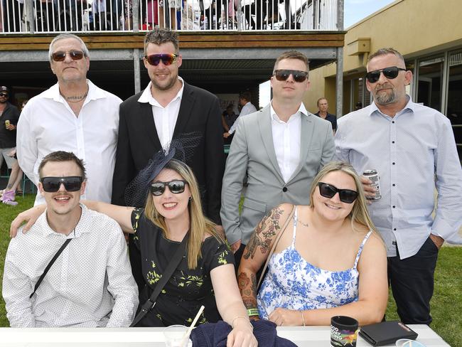 Ladbrokes Sale Cup. Racegoers are pictured attending Cup Day horse races at Sale Turf Club, Sunday 27th October 2024. Mark, Dean, Billy, Nathan, Heather Toni and Pud. Picture: Andrew Batsch