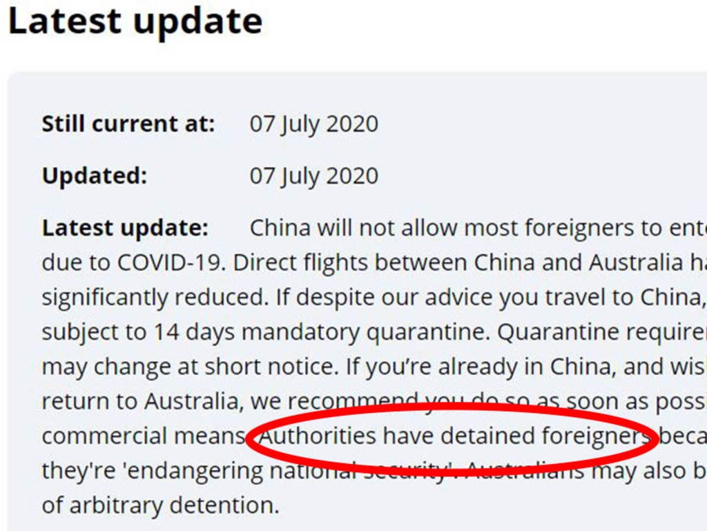 DFAT has changed its travel warning for China to include the risk of 'arbitrary detention'. Picture: Supplied