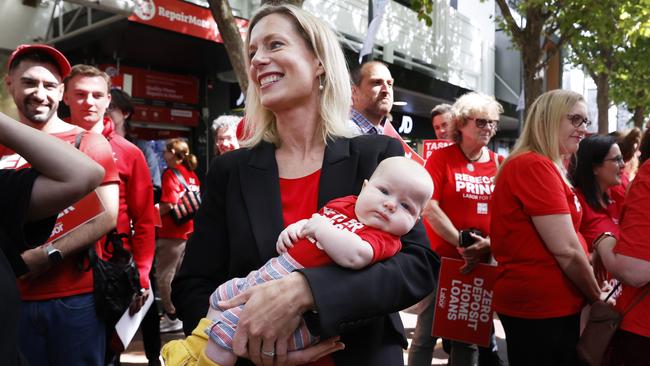 Rebecca White with baby Mavis Perry, 3 months. The Labor Leader was in the Elizabeth Street Mall on the final day of the 2024 election campaign ahead of polling day. Picture: Nikki Davis-Jones