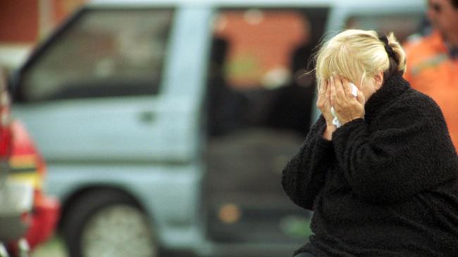 Judy Moran, the mother of slain Melbourne underworld figure Jason Moran, weeps as she mourns the death of her son, who was gunned down alongside Pat (Pasquale) Barbaro in a van parked at the Cross Keys Hotel in Essendon. Barbaro and Moran were murdered on June 21, 2003 after watching Moran’s young children play football.